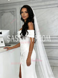 Trumpet Mermaid Satin Off The Shoulder Ruched Wedding Dress With Slit