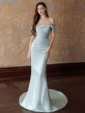 Trumpet Mermaid Blue Off The Shoulder Satin Prom Dress