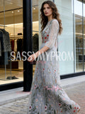 Gray Floral Tulle A Line Long Sleeve Prom Dress