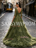 Half Sleeve V Neck Rose Olive Green Beading Tulle Prom Dress
