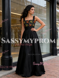 Square A Line Floral Straps Black Prom Dress