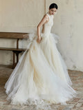 Tulle A Line Beading Ruffles High Neck Wedding Dress