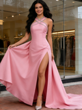 Satin Detachable Train A Line Pink Beading Prom Dress