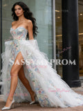 Sweetheart Ruffles Tulle Floral Print Prom Dress With Slit