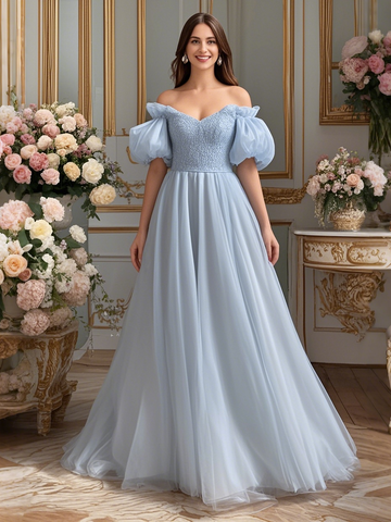 Puffy Sleeve Tulle Beading Off The Shoulder Prom Dress