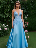 Appliques V Neck Light Blue Prom Dress