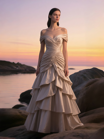 Off The Shoulder Ruched A Line Satin Wedding Dress