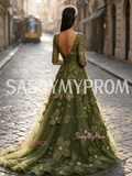 Half Sleeve V Neck Rose Olive Green Beading Tulle Prom Dress