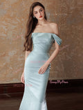 Trumpet Mermaid Blue Off The Shoulder Satin Prom Dress