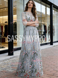 Gray Floral Tulle A Line Long Sleeve Prom Dress