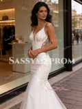 Tulle Appliques Trumpet Mermaid Spaghetti Straps Wedding Dress