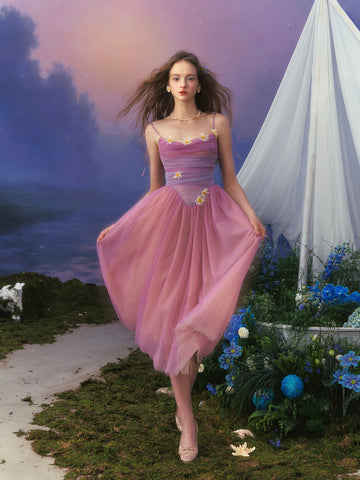 Tulle Spaghetti Straps Ankle Length Purple Ombre Flower Prom Dress