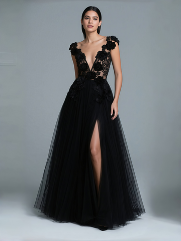 Tulle A Line Lace Flower V Neck Black Wedding Dress With Slit
