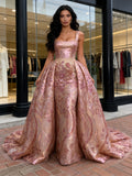 Floral Sheath Column Pink Sequin Detachable Train Prom Dress