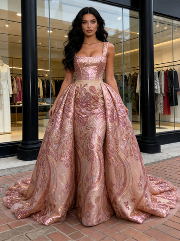 Floral Sheath Column Pink Sequin Detachable Train Prom Dress