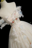 A Line Off The Shoulder Tulle Beads Champagne Prom Dress