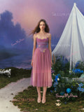 Tulle Spaghetti Straps Ankle Length Purple Ombre Flower Prom Dress