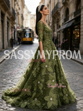 Half Sleeve V Neck Rose Olive Green Beading Tulle Prom Dress