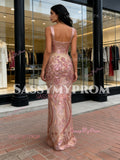 Floral Sheath Column Pink Sequin Detachable Train Prom Dress