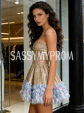 Short Mini Gold Feather Sweetheart Sequin Homecoming Dress