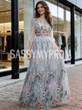 Gray Floral Tulle A Line Long Sleeve Prom Dress