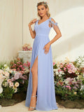 Chiffon Tassel Blue Cap Sleeve Prom Dress With Slit