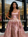 Floral Sheath Column Pink Sequin Detachable Train Prom Dress