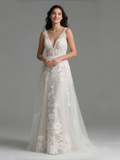 Backless A Line Lace V Neck Tulle Wedding Dress