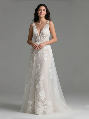 Backless A Line Lace V Neck Tulle Wedding Dress