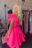 V Neck Short Hot Pink Tulle Homecoming Dress