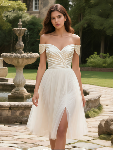 A Line Off The Shoulder Knee Length Satin & Tulle Wedding Dress