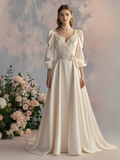 Ivory Satin A Line Long Sleeve Beading Wedding Dress