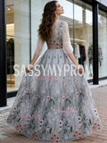 Gray Floral Tulle A Line Long Sleeve Prom Dress