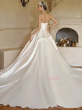 Ruched Satin A Line White Sweetheart Wedding Dress