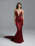 Spaghetti Straps Beading Burgundy Trumpet Mermaid Prom Dress With Slit