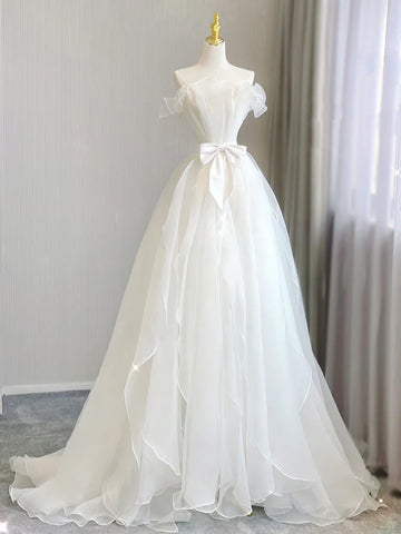 Organza A Line White Wedding Dress with Bow