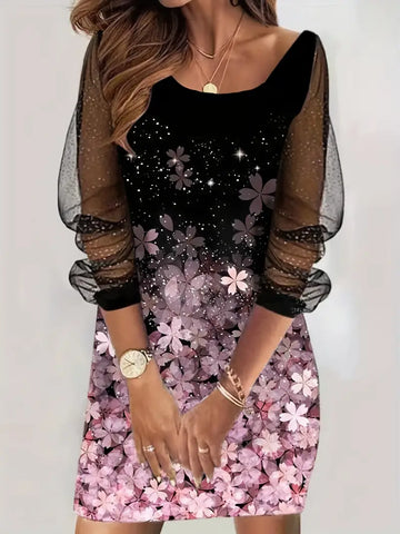 Cherry Blossoms Casual Crew Neck Long Sleeve Sequin Dress
