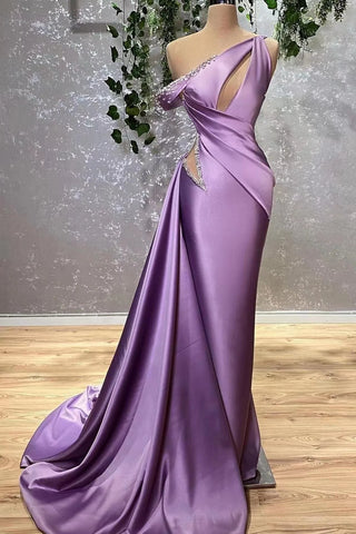 Mermaid Ruffle One Shoulder Lavender Beading Prom Dress