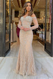 Long Sleeve Gold Beading Off The Shoulder Prom Dress
