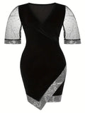 Plus Size Black Velvet Sequins Trim Mesh Half Sleeve Dress