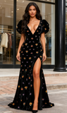 Short Sleeve V Neck A Line Black Prom Dress With Slit