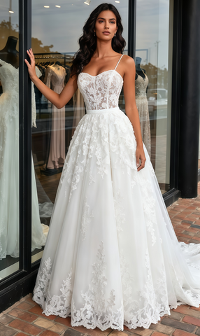 Spaghetti Straps Lace A Line Tulle White Wedding Dress