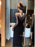 Sheer Long Sleeves Black Lace Maxi Dress