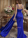 Sheath Column Royal Blue V Neck Satin Prom Dress With Slit