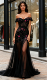 Off The Shoulder Flower Beading Black Prom Dress With Slit