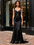 Straps Ruched Satin Black Trumpet Mermaid Bridesmaid Dress