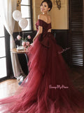 Detachable Train Satin Off The Shoulder Burgundy Prom Dress