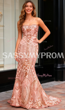 Sequin Strapless Trumpet Mermaid Red Lace Prom Dress