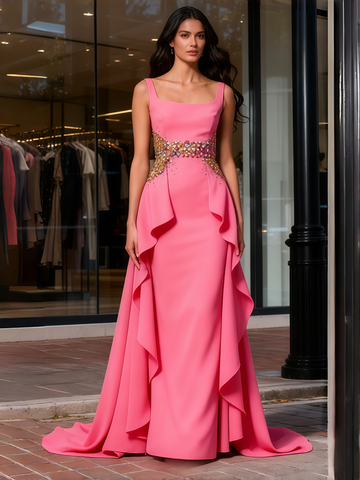 Ruffles Boat Neck Satin Beading A Line Satin Prom Dress