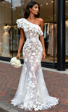 Trumpet Mermaid Tulle Ruffles One Shoulder Appliques Wedding Dress